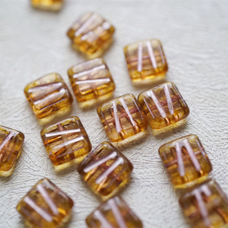 复古蜂蜜琥珀色描粉~条纹方形古董系捷克珠玻璃琉璃 10MM