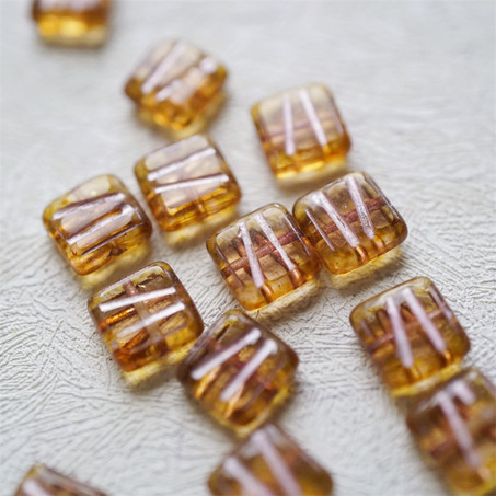 复古蜂蜜琥珀色描粉~条纹方形古董系捷克珠玻璃琉璃 10MM-5