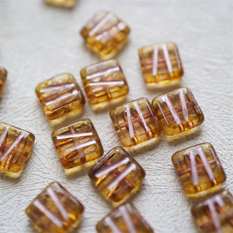 复古蜂蜜琥珀色描粉~条纹方形古董系捷克珠玻璃琉璃 10MM-3