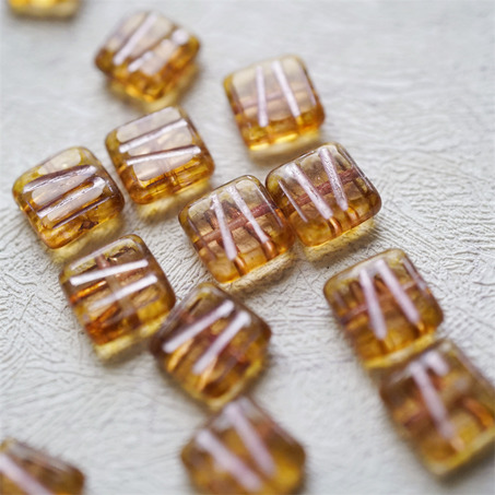 复古蜂蜜琥珀色描粉~条纹方形古董系捷克珠玻璃琉璃 10MM-6