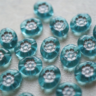 水晶蓝描银色~椭圆可爱刻印小花浮雕直孔珠捷克珠玻璃琉璃珠 14X11MM