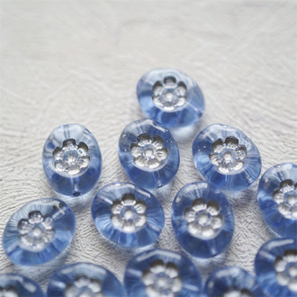透海蓝描银色~椭圆可爱刻印小花浮雕直孔珠捷克珠玻璃琉璃珠 14X11MM