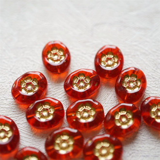 宝石红色描金~椭圆可爱刻印小花浮雕直孔珠捷克珠玻璃琉璃珠 14X11MM