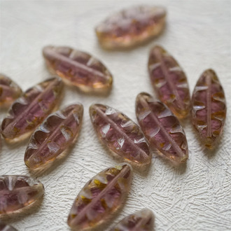 复古透紫做旧毕加索色~梭形刻纹椭圆捷克珠玻璃琉璃串珠 18X7MM