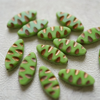 纯色油画绿描玫瑰金色~梭形刻纹椭圆捷克珠玻璃琉璃串珠 18X7MM