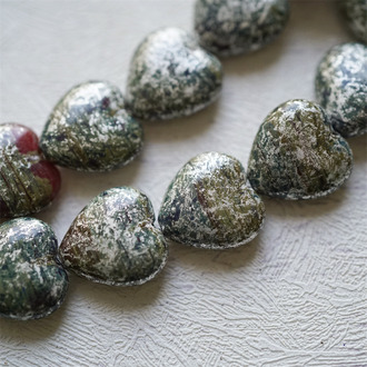 复古斑驳矿银色渐变深红墨绿mix~爱心捷克珠桃心玻璃琉璃珠 15mm
