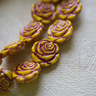 柠檬黄撞色描粉色~复古风少女蔷薇玫瑰捷克珠玻璃琉璃 14MM