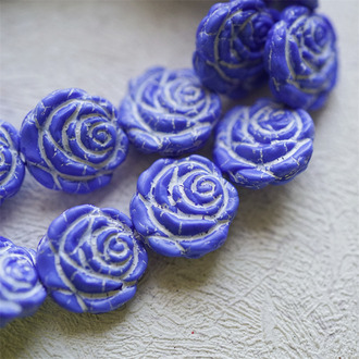 复古蓝色描纯白线条彩绘感~复古风少女蔷薇玫瑰捷克珠玻璃琉璃 14MM
