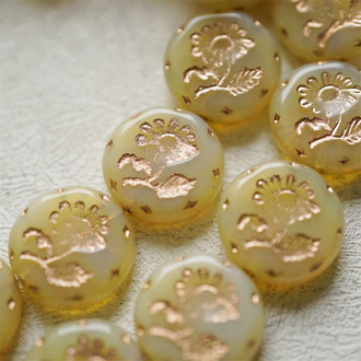 水沫黄玉色描玫瑰金色~捷克玻璃琉璃花朵镶花边扁圆古董珠 18MM