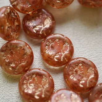 复古铁锈红扎染水彩风~捷克玻璃琉璃花朵镶花边扁圆古董珠 18MM