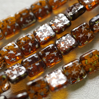 透琥珀色电光银色星星印花~方块捷克珠玻璃琉璃珠 10MM