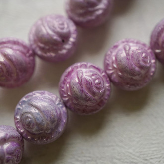 烟渍斑驳粉色~高定立体浮雕玫瑰捷克珠玻璃琉璃 18X15MM