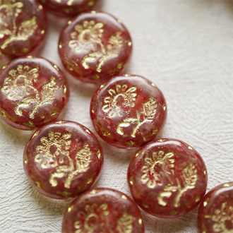 水染血红色描金色~捷克玻璃琉璃花朵镶花边扁圆古董珠 18MM