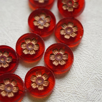 透宝石红描玫瑰金色~刻印花朵少女复古扁圆捷克珠玻璃琉璃珠 16MM