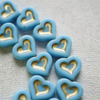 实色天蓝色描金~复古少女爱心桃心捷克珠玻璃珠琉璃珠 14X12MM