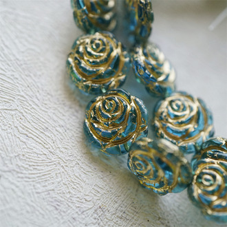 透感湖水宝石蓝描金~复古风少女蔷薇玫瑰捷克珠玻璃琉璃 14MM