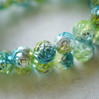 清新金属透感渐变蓝绿调~浮雕玫瑰圆珠vintage风捷克珠玻璃琉璃串珠 13MM