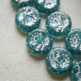 水染蓝绿水彩风描白金色~捷克玻璃琉璃花朵镶花边扁圆古董珠 18MM