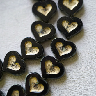 黑色描金切面毕加索边~复古少女爱心桃心捷克珠玻璃珠琉璃珠 14X12MM