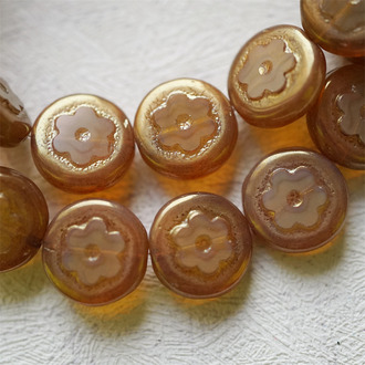 半透酒色mix光泽感边边~扁圆小花捷克珠玻璃琉璃珠 14MM