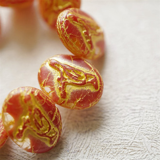 mix红描柠檬黄色~惊鸿鸟浮雕椭圆捷克珠玻璃琉璃珠 22X16MM