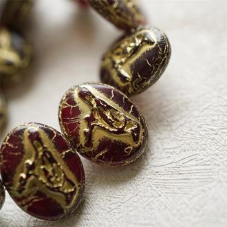 复古深宝石红描金色~惊鸿鸟浮雕椭圆捷克珠玻璃琉璃珠 22X16MM