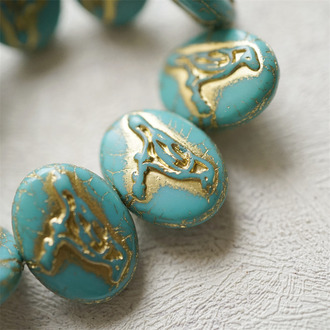 质感松石绿描金~惊鸿鸟浮雕椭圆捷克珠玻璃琉璃珠 22X16MM