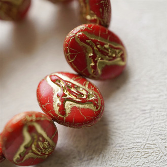 实色红描金色~惊鸿鸟浮雕椭圆捷克珠玻璃琉璃珠 22X16MM
