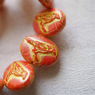 橘红彩色柠檬黄~惊鸿鸟浮雕椭圆捷克珠玻璃琉璃珠 22X16MM