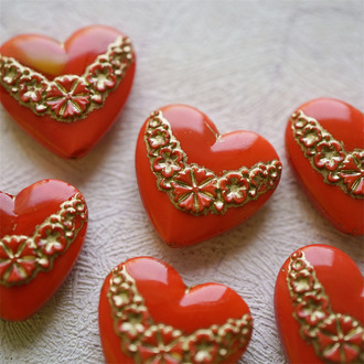 活力热情橘色描金~复古花边纹样高定捷克古董珠爱心玻璃琉璃珠 19X20MM