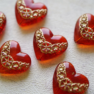 透宝石红描金色~复古花边纹样高定捷克古董珠爱心玻璃琉璃珠 19X20MM