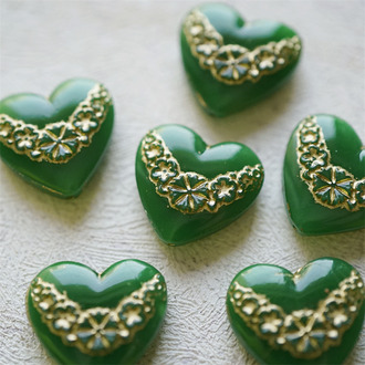 复古翡翠绿描金色~复古花边纹样高定捷克古董珠爱心玻璃琉璃珠 19X20MM