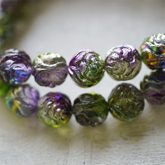 迷雾花园绿紫金属感撞色火彩~浮雕玫瑰圆珠vintage风捷克珠玻璃琉璃串珠 13MM