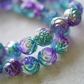 迷迭香湖蓝紫配色mix金属感~浮雕玫瑰圆珠vintage风捷克珠玻璃琉璃串珠 13MM
