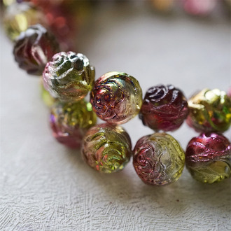 梦游仙境草果花花配色金属火彩~浮雕玫瑰圆珠vintage风捷克珠玻璃琉璃串珠 13MM
