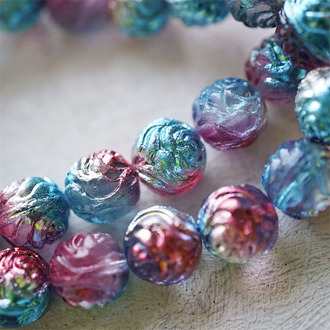 金属感红蓝撞色~浮雕玫瑰圆珠vintage风捷克珠玻璃琉璃串珠 13MM