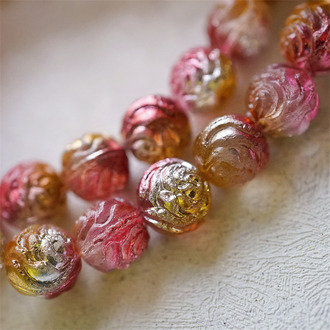 热带水果配色金属亮彩~浮雕玫瑰圆珠vintage风捷克珠玻璃琉璃串珠 13MM