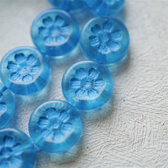 透明海洋蓝色风~刻印花朵少女复古扁圆捷克珠玻璃琉璃珠 16MM