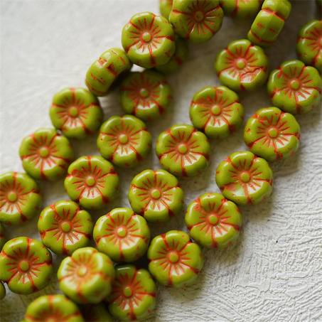 橄榄绿拼复古橙色~捷克珠夏威夷小花花琉璃珠玻璃珠DIY串珠材料 8MM-1