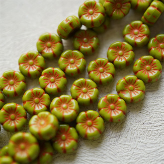 橄榄绿拼复古橙色~捷克珠夏威夷小花花琉璃珠玻璃珠DIY串珠材料 8MM