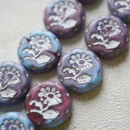 蓝莓紫色mix渐变描银色~捷克玻璃琉璃花朵镶花边扁圆古董珠 18MM-2