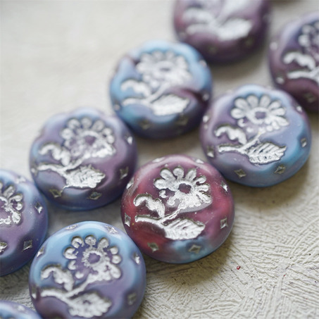 蓝莓紫色mix渐变描银色~捷克玻璃琉璃花朵镶花边扁圆古董珠 18MM-3