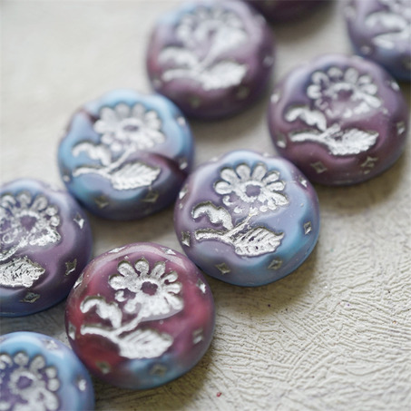 蓝莓紫色mix渐变描银色~捷克玻璃琉璃花朵镶花边扁圆古董珠 18MM-1
