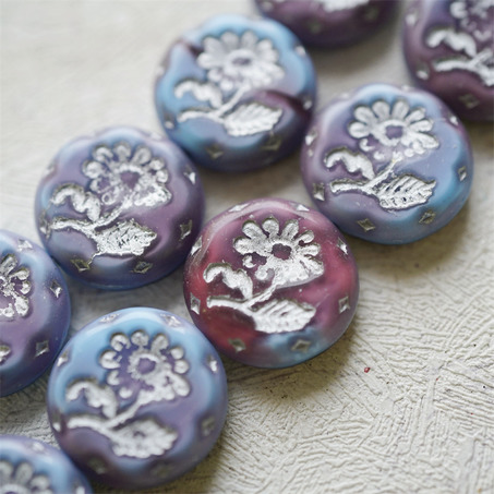 蓝莓紫色mix渐变描银色~捷克玻璃琉璃花朵镶花边扁圆古董珠 18MM-5