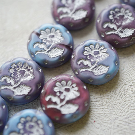 蓝莓紫色mix渐变描银色~捷克玻璃琉璃花朵镶花边扁圆古董珠 18MM