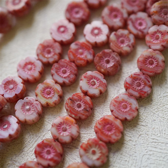 复古红白条纹彩绘感~捷克珠夏威夷小花花琉璃珠玻璃珠DIY串珠材料 8MM