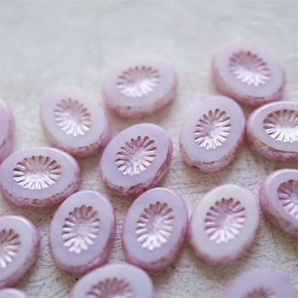 经典少女粉白色系~奇异纹椭圆捷克珠琉璃玻璃珠 14X10MM