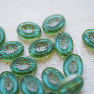 复古湖蓝绿做旧毕加索色~奇异纹椭圆捷克珠琉璃玻璃珠 14X10MM