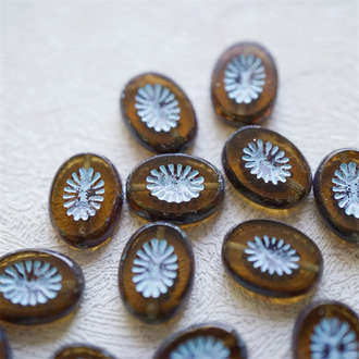 复古透棕色描蓝~奇异纹椭圆捷克珠琉璃玻璃珠 14X10MM
