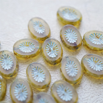 毕加索米色描蓝~奇异纹椭圆捷克珠琉璃玻璃珠 14X10MM